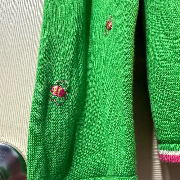 Quaker Factory silk bright green V-neck bumblebee cardigan with pink detail med - Picture 8 of 16